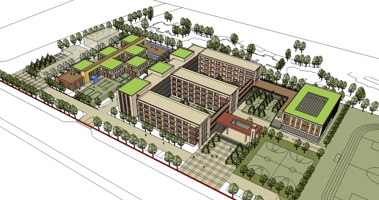 现代风格中学建筑设计SU模型-鸟瞰图2