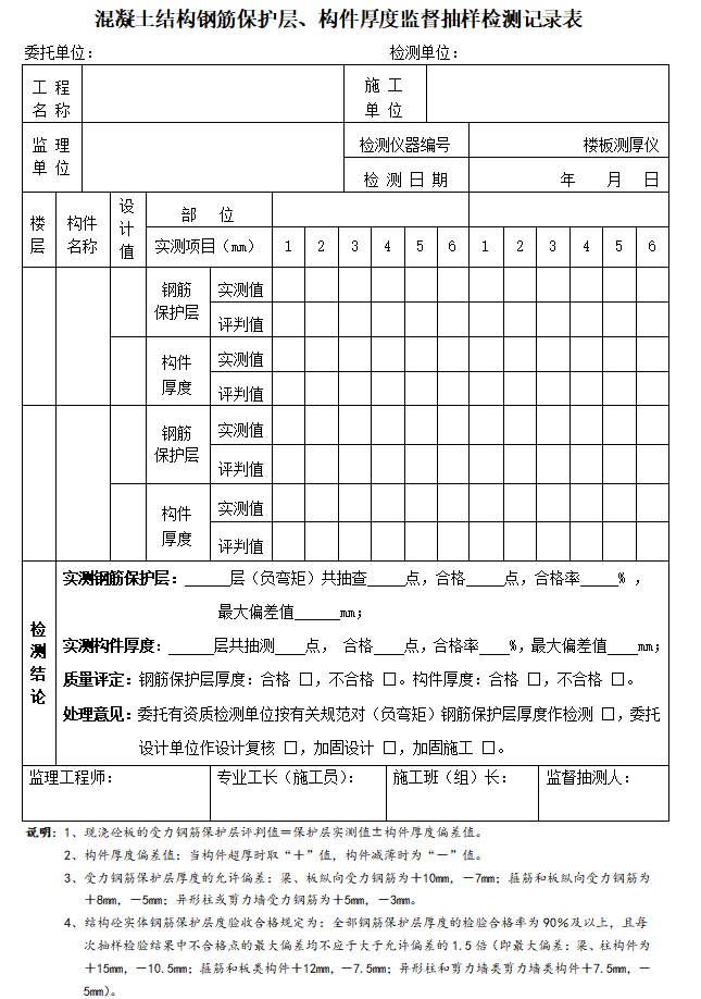 [贵州]房屋建筑工程监理质量监督管理用表（全省通用）-混凝土结构钢筋保护层、构件厚度监督抽样检测记录表