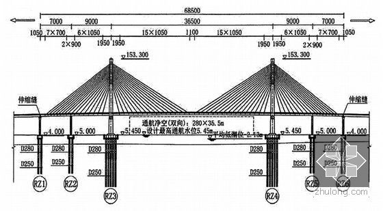 [浙江]主桥双塔整幅叠合梁斜拉桥群桩基础跨海大桥投标施工组织设计216页-主桥桥型总体布置纵断面图