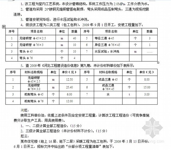 安装造价员考试真题资料下载-2009年河北省安装管道工程造价员（一二三级）考试真题
