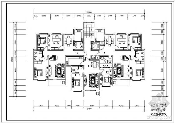 塔式户型CAD资料下载-某一梯三户塔式住宅户型平面