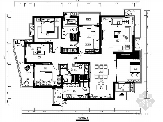 新中式五居室设计施工图资料下载-[福州]滨海花园新中式五居室装修图（含效果）
