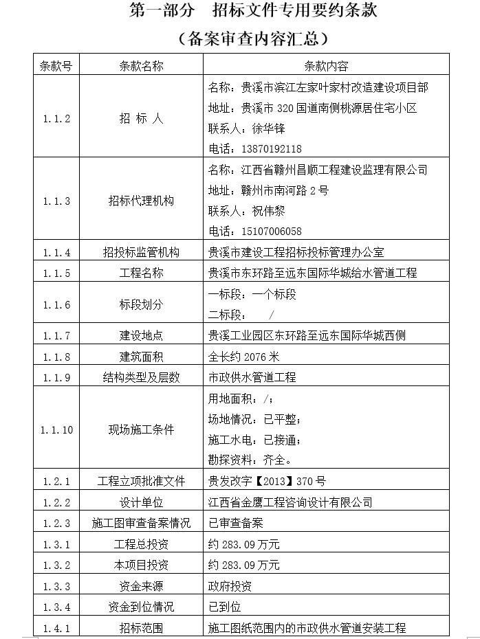 给排水管道安装工程招标文件(给水管道工程)-1、专用条款