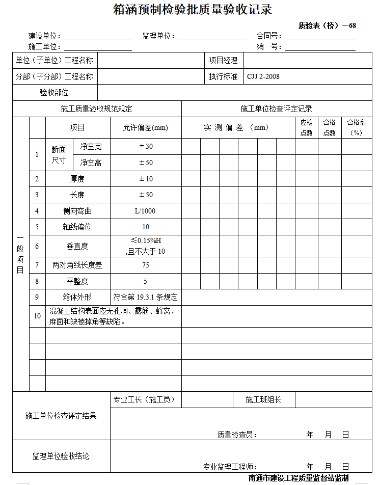 桥梁工程监理质量验收表格全套（99页）-箱涵预制检验批质量验收记录