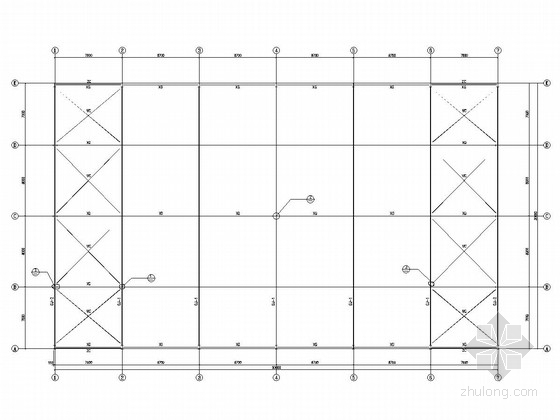30米跨单层轻钢结构车库-刚架及支撑平面布置图 