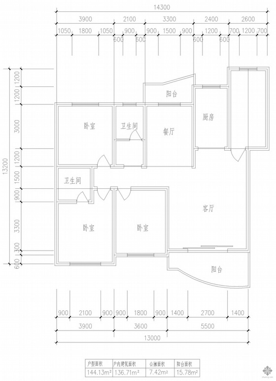 户型图一室一厅一卫资料下载-板式多层单户三室一厅二卫户型图(144)