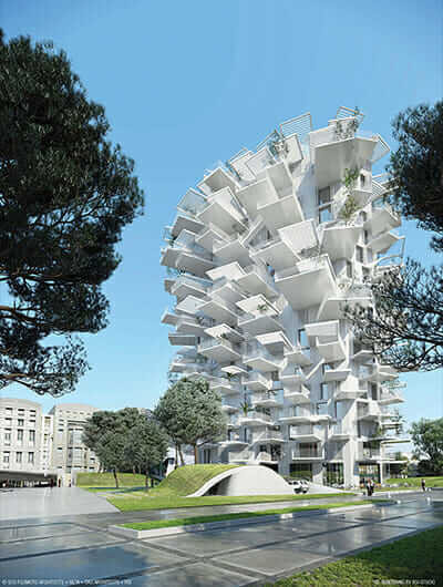 The L’arbre Blanc housing tower features dramatic terraces that appear to float on air. Image Courtesy of SFA+NLA+OXO+RSI