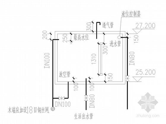 七层环保办公楼给排水施工图纸-消防专用水箱消防部分管道高度示意图 