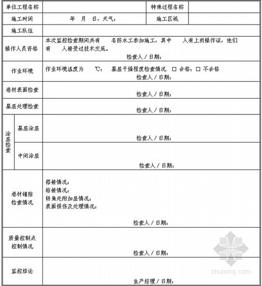 建筑地产综合企业集团工程质量管理标准化手册（123页 附表丰富）-特殊过程参数连续监控记录(地下卷材防水工程) 