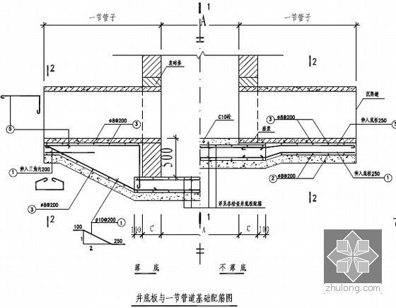 [浙江]2015年9月工业园区污水管网改建工程预算书(含施工图纸50余张)-井底板与一节管道基础配筋图