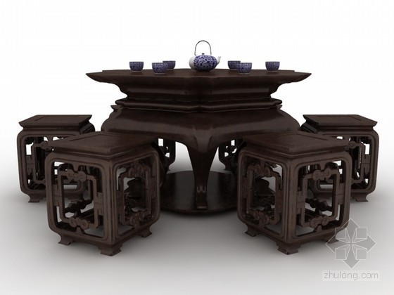 组合桌椅su资料下载-精致中式家具茶桌椅组合3d模型下载