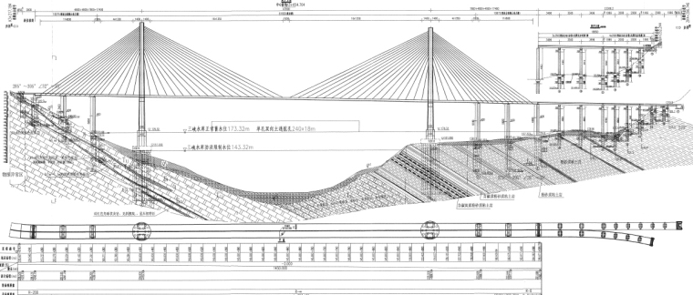 5km双向四车道一级公路工程施工图2038张PDF（含斜拉桥钢桁架拱桥T梁桥连续梁桥隧道）-跨河斜拉桥桥型布置图