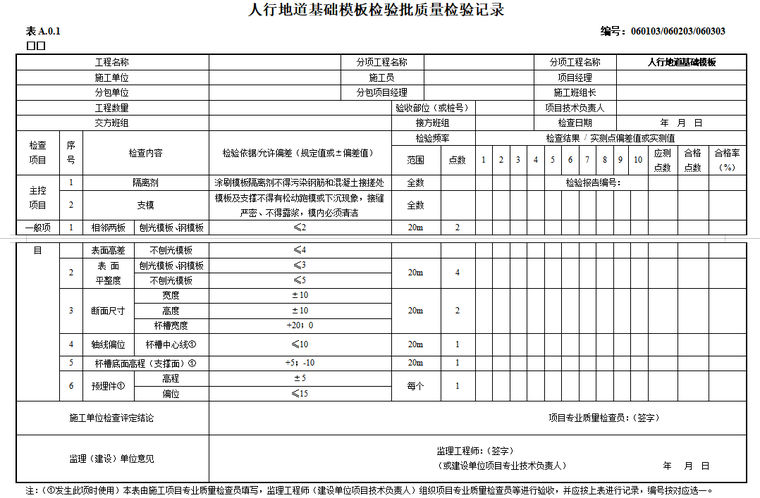 市政道路工程监理资料表格全套-人行地道基础模板检验批质量检验记录