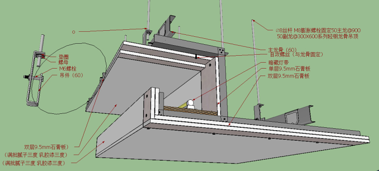 [金螳螂]CAD施工节点对应sketchup模型（原装饰节点手册）-顶面-纸面石膏板吊顶