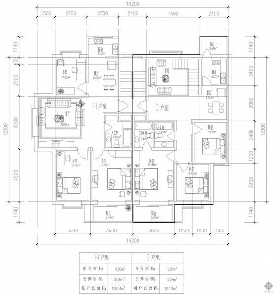 一户一厅户型资料下载-板式多层一梯两户三室一厅二卫户型图(101/107)