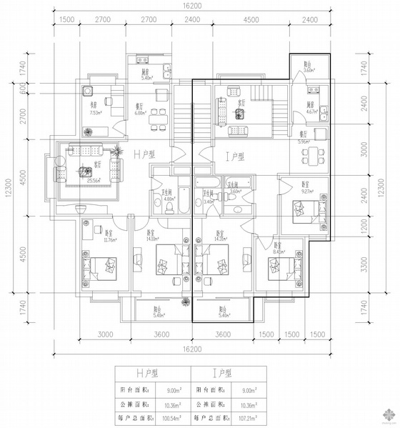 家居三室一厅两卫资料下载-板式多层一梯两户三室一厅二卫户型图(101/107)