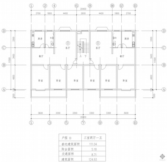 一梯两户125户型资料下载-板式多层一梯两户三室二厅一卫户型图(125/125)