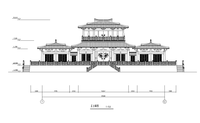 汉代某王阁建筑方案图-正立面图