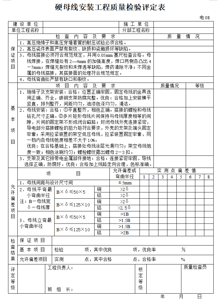 机电安装工程监理质量检验评定表（全套）-硬母线安装工程质量检验评定表