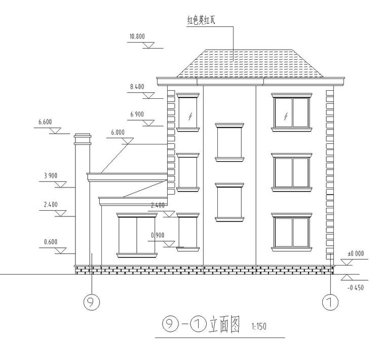 现代风格独栋别墅建筑设计（CAD+效果图）-立面图一