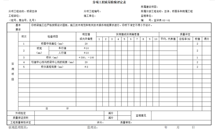 桥梁工程质量检验评定表（总体、桥面系和附属工程）-桥梁总体