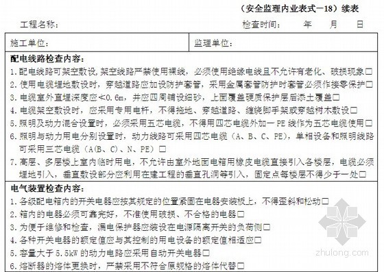 [山西]房建工程安全监理实施细则（附表格）-现场施工用电安装配置检查记录续表 