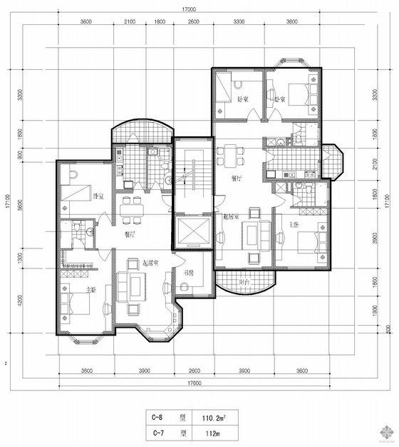 四层住宅一梯两户户型图资料下载-塔式高层一梯两户户型图(110/112)