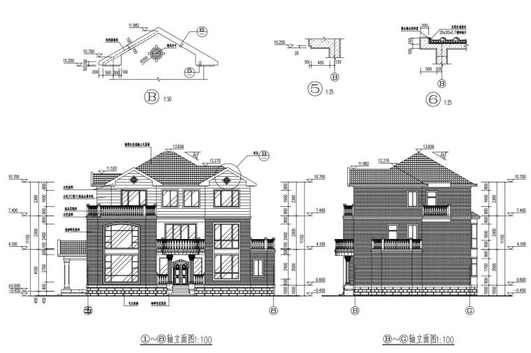 3层独栋别墅建筑设计框架结构（包含效果图+CAD）-立面图