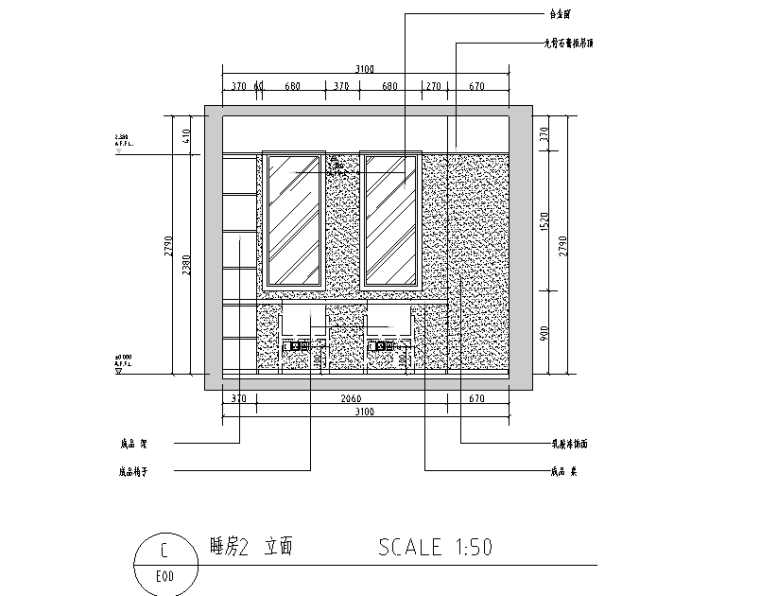 [福建]现代简约风格三居室住宅设计施工图（附效果图）-睡房立面图