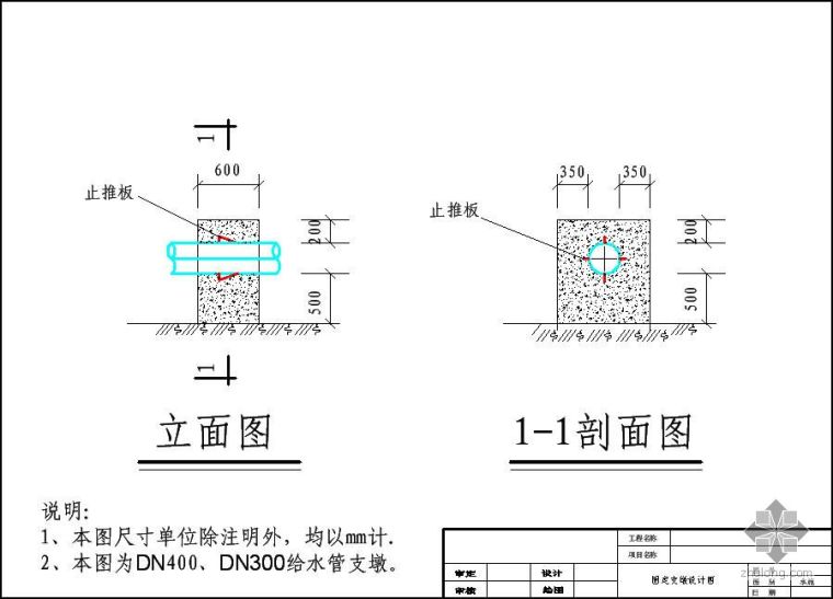 给水管常用固定支墩设计图资料下载-DN300、DN400给水管常用固定支墩设计图