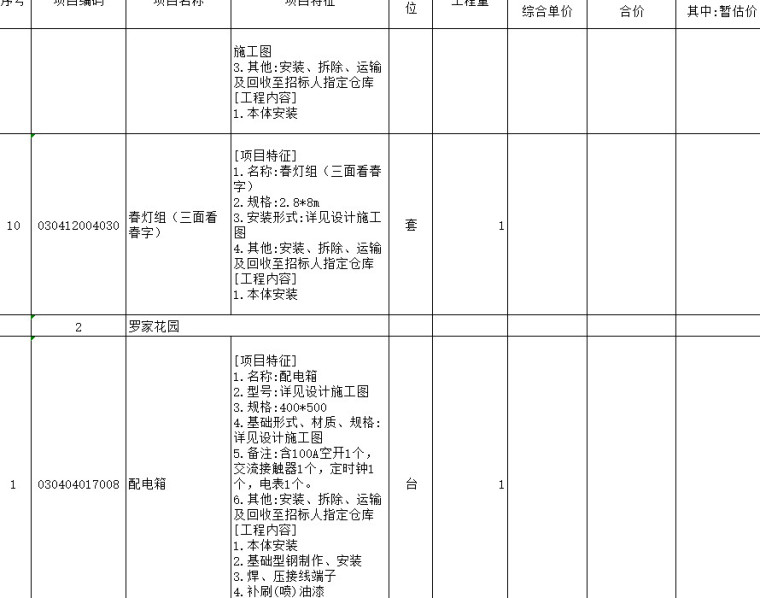 迎春灯饰工程施工图预算书-分部分项工程项目请单计价表三