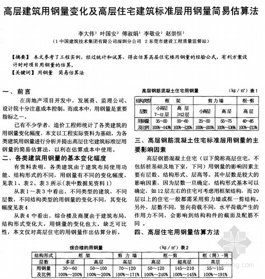 建筑标准图集cad资料下载-高层建筑用钢量变化及高层住宅建筑标准层用钢量简易估算法.zip