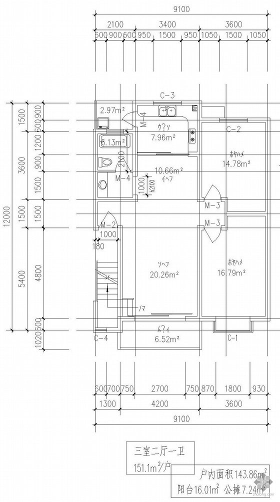 60平米复式户型图资料下载-复式一梯二户三室二厅一卫户型图(150/150)