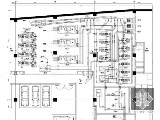 [苏州]大型购物中心暖通空调全套施工图纸150张(空调自控冷热源机房大样图丰富)-超市地下室冷冻机房及锅炉房管道平面图