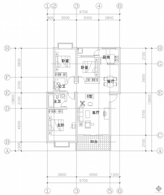 户型图一室一厅一卫资料下载-板式多层单户三室一厅二卫户型图(118)