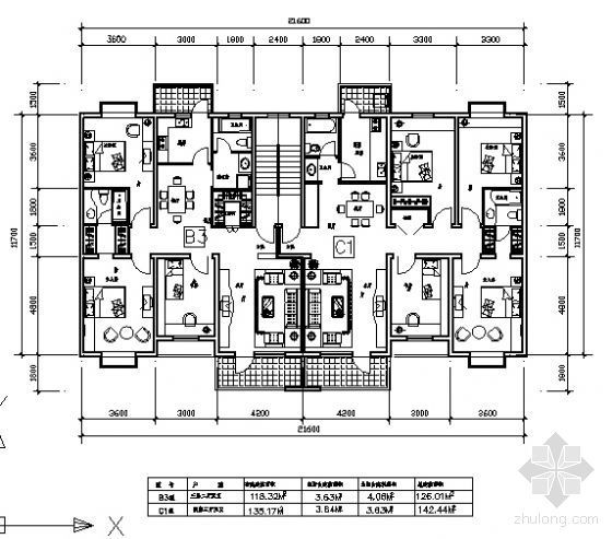 100平方米别墅庭院资料下载-一梯两户户型(126平方米,142平方米)