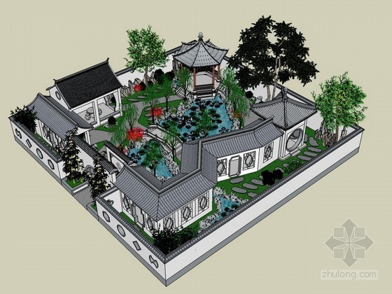 古典园林庭院平面资料下载-古典园林sketchup模型下载