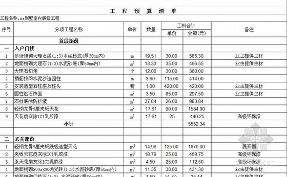 上海住宅室内装修报价清单资料下载-别墅室内装修工程清单报价