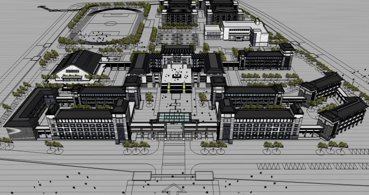 新中式大门3d资料下载-中式风格中学建筑设计SU模型