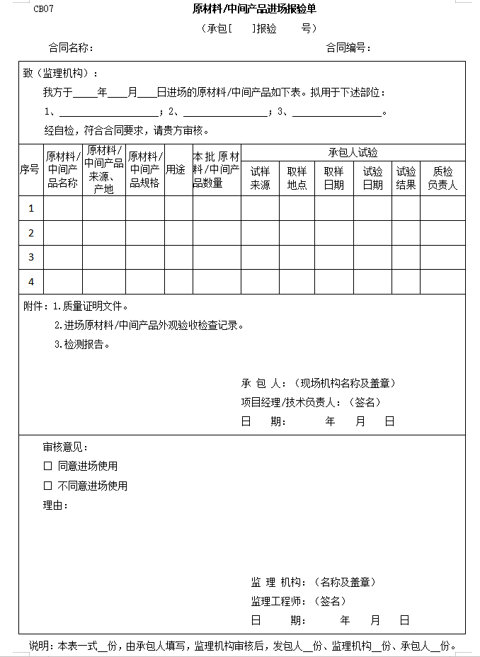 水利水电工程施工监理规范全套表格（119页）-原材料、中间产品进场报验单