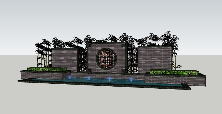 中式景观水景CAD资料下载-[景观小品]新中式水景墙SU模型.skp