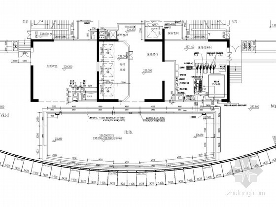 [云南]游泳池水处理及恒温恒湿机电设备安装工程全套图纸（加热恒温 除湿通风）-游泳池给排水循环管网平面布置图 