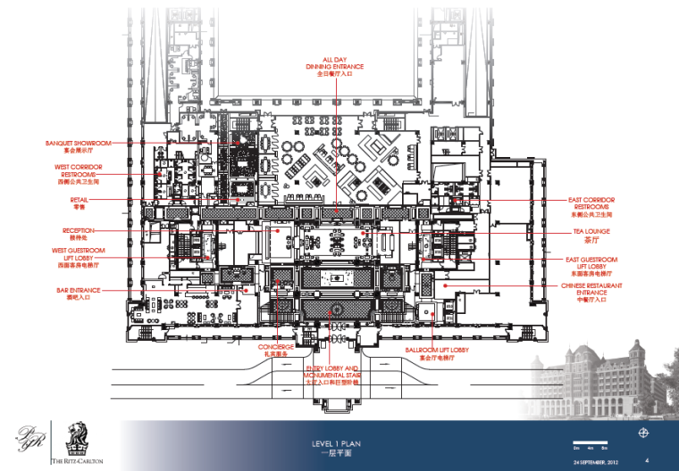 [天津]丽思卡尔顿酒店顶层客房部分设计施工图（附效果图+方案文本）-一层平面