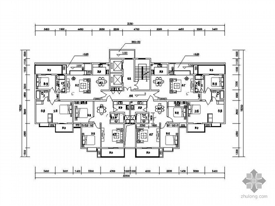 85平米住宅户型图资料下载-塔式高层一梯四北梯户型图（85/103）