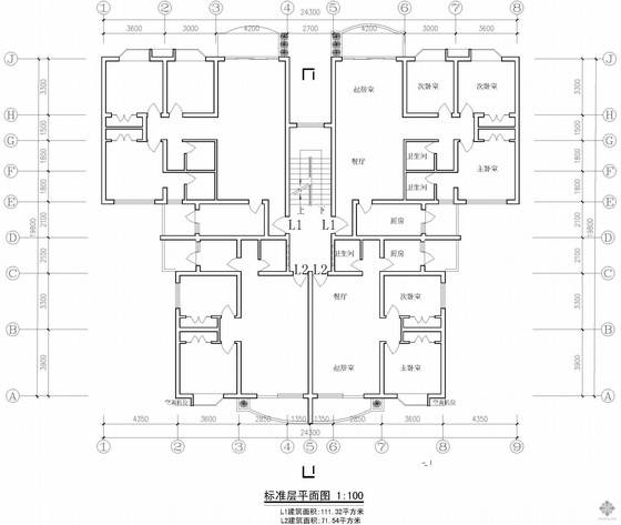 板式多层一梯二户有跃层户型图(111/72)