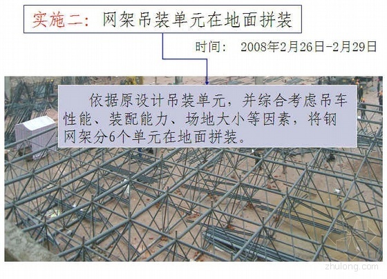 网架空中拼装方案资料下载-确保异型钢网架安装一次吊装成功（空中散装）