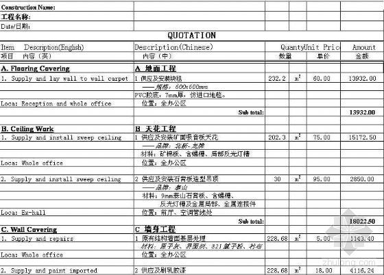 工程量清单实例中英文资料下载-北京某公司装饰工程报价（中英文）