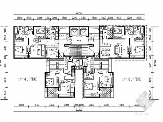 四房一厅图纸资料下载-[万科户型]一核四户高层住宅户型平面图（350平方米）