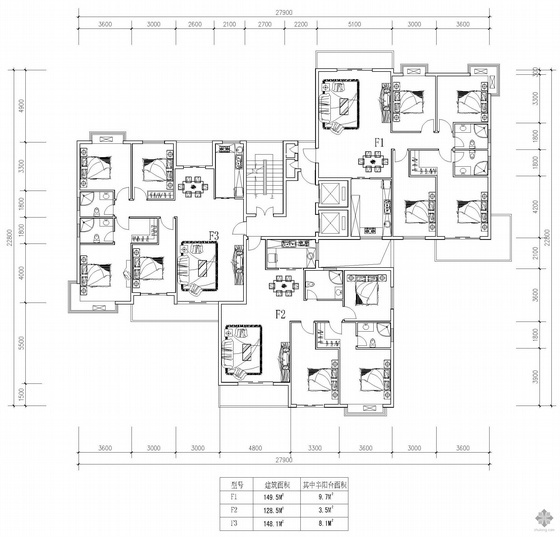 高层住宅户型图150资料下载-塔式高层一梯三户户型图(150/129/148)