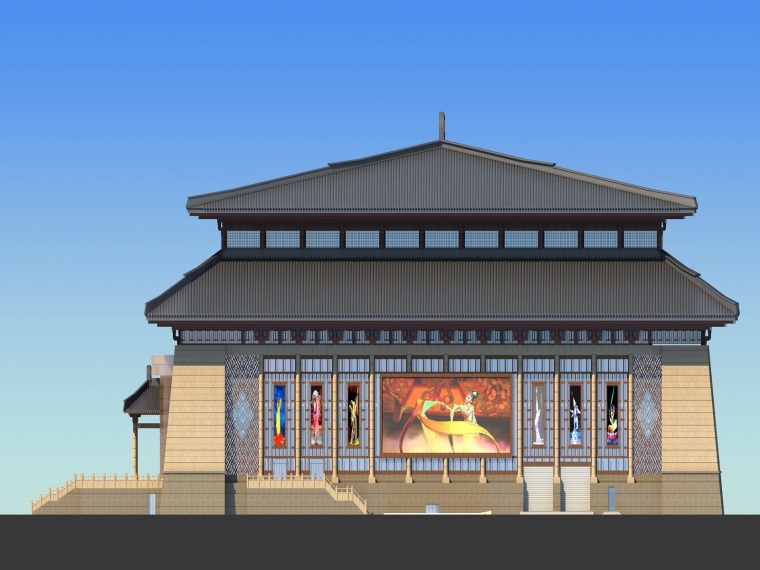 甘肃文化艺术剧院创鲁班奖策划实施方案四层钢框架支撑+钢砼框剪结构-幕墙正南侧效果图